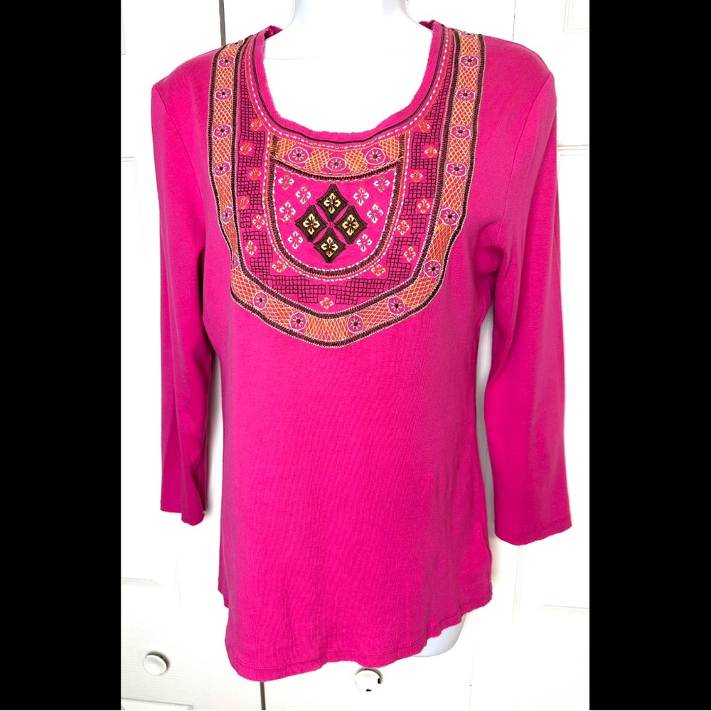 TORY BURCH Embroidered Shirt Top Blouse Pink Orange Brown Bid Front Tee Knit